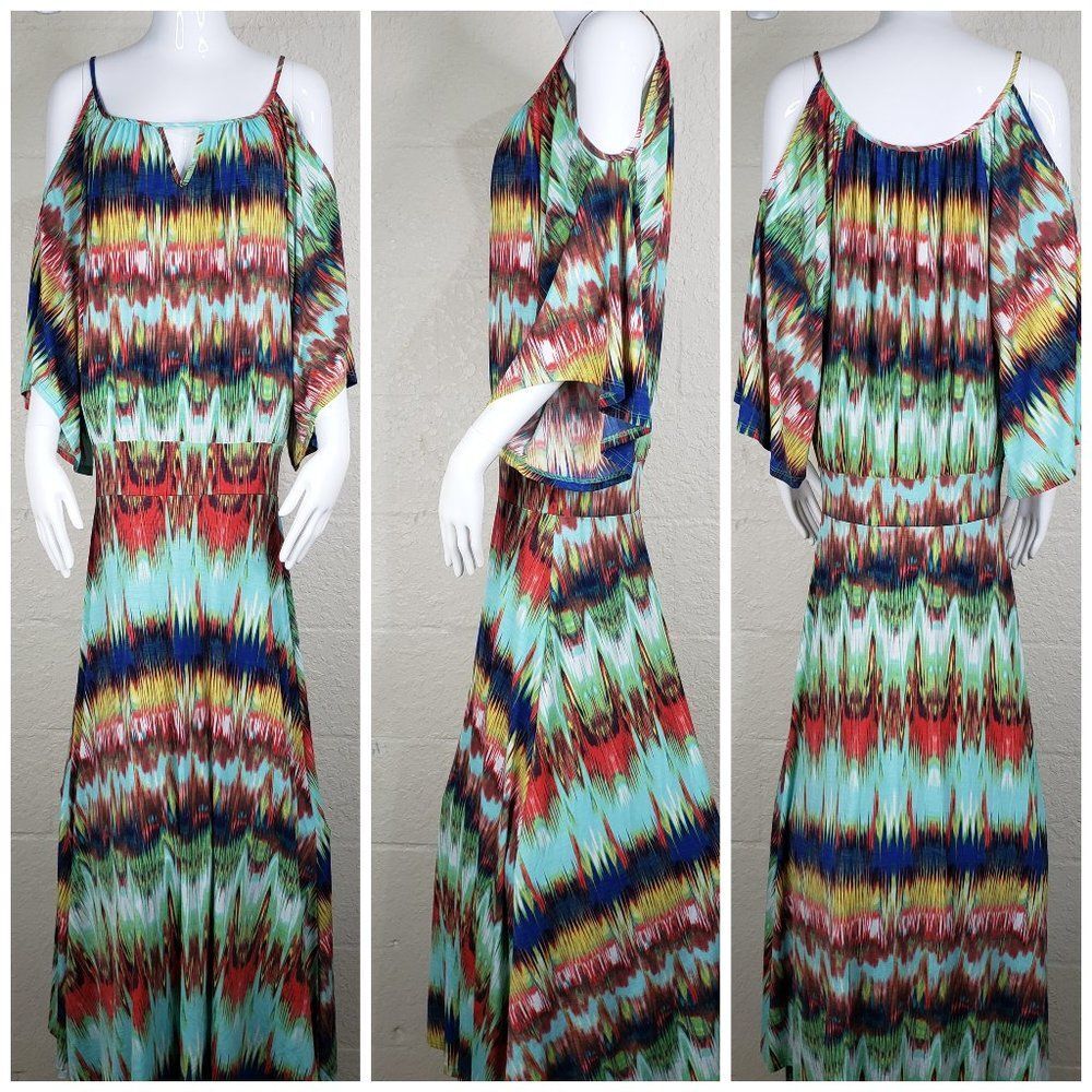 Veronica M Drop Waist Multi Color Maxi Dress Med